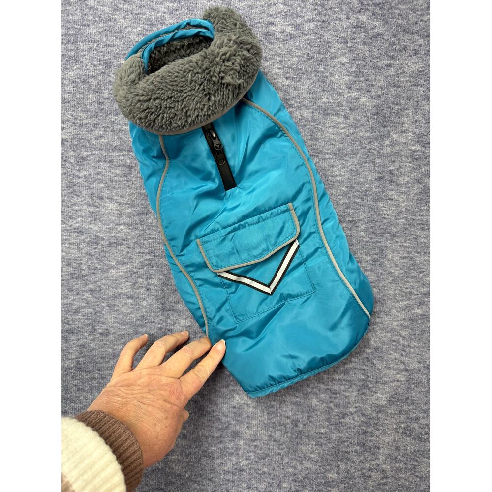 Pet Coat with Fur Tourquoise Gray Size Small with Pocket & Leash Hole